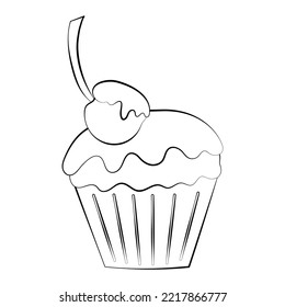Cupcake with cream and decorations with a thin line. Vector on a white background.