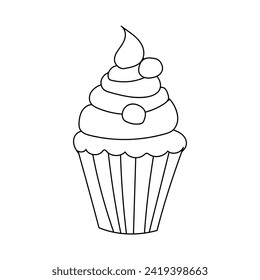 Cupcake with cream, doodle black and white dessert vector illustration. Line muffin, birthday dessert, sweets, holiday treats, coloring page.
