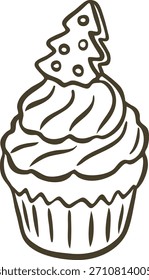 Bolinho com creme e abeto árvore vetor doodle ilustração. Biscoito doce sobremesa padaria com cobertura de musse. Feliz Natal e feliz ano novo feriado festivo tratar linha arte
