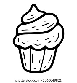 Cupcake with cream hand drawn doodle. Holiday baking. Sweet dessert. Sugar food. Cooked fresh sponge cake. Small portion. Vector line art illustration.