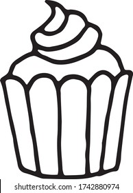 Cupcake with cream hand drawn vector illustration. Black outlines isolated on white. Doodle style. Design for greeting cards, gifts, wrapping paper, cafe or restaurant menu, food infographic.