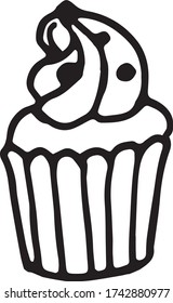 Cupcake with cream hand drawn vector illustration. Black outlines isolated on white. Doodle style. Design for greeting cards, gifts, wrapping paper, cafe or restaurant menu, food infographic.