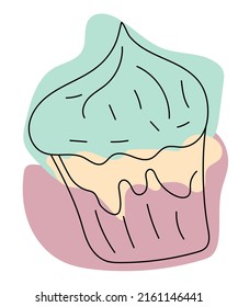 Cupcake with cream. Hand-drawn vector illustration with doodles on a white background and bright spots. Design for greeting card and poster