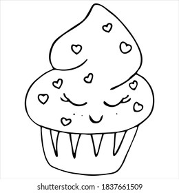 cupcake with cream, heart-shaped sprinkles and cute closed eyes, cute drawing for kids, vector element, coloring book, kawaii sweets