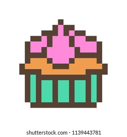 Cupcake with cream icing in a baking cup, 16x16 pixel art food icon isolated on white background. Tasty muffin. Bakery logo. Dessert menu. Old school 8 bit game graphics. Slot machine jackpot symbol.