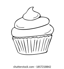 Cupcake with cream, individually wrapped. Cupcake, muffin. Confectionery. Contour drawing by hand, vector.