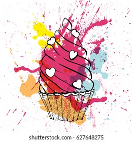 Cupcake with cream. Ink illustration on the background of abstract blots. Vector.