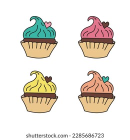 Cupcake with cream multi colored options. Vector illustration doodle style. Cake in paper baking. Hand drawn illustration for sticker pack, cover, postcards, print, social media, icon, scrapbooking.