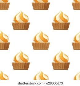 Cupcake with cream seamless pattern. Cake with waffle and caramel or marshmallow flat vector on white background