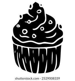 cupcake with cream and sprinkles topping hand drawn glyph icon