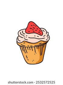cupcake with cream and strawberries in children's cartoon style