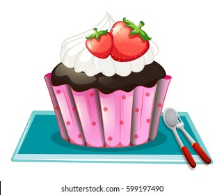 Cupcake with cream and strawberries illustration