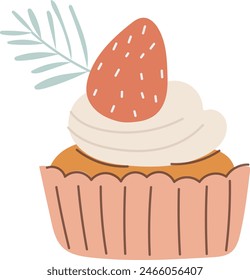 Сute cupcake with cream and strawberries on top. Vector illustration, flat style isolated on white background