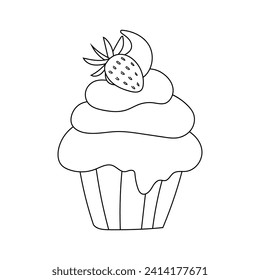 Cupcake with cream and strawberry, doodle black and white dessert vector illustration. Line muffin, birthday dessert, sweets, holiday treats, coloring page.