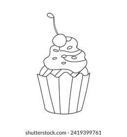 Cupcake with cream and strawberry, doodle black and white dessert vector illustration. Line muffin, birthday dessert, sweets, holiday treats, coloring page.	