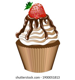 Cupcake with cream and strawberry isolated on white background, clip art, vector.