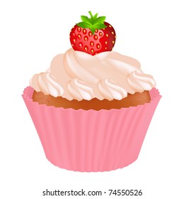 Cupcake With Cream And Strawberry, Isolated On White Background, Vector Illustration