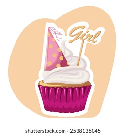 Cupcake with cream, sweetness dessert with tiny party hat. Muffin. Sticker. Flat style. Gender party. Birthday, holiday, congratulations, concept of invitation. 