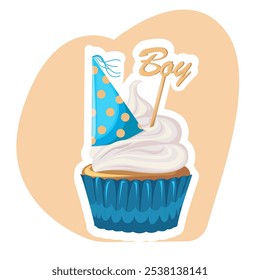 Cupcake with cream, sweetness dessert with tiny party hat. Muffin. Sticker. Flat style. Gender party. Birthday, holiday, congratulations, concept of invitation. 