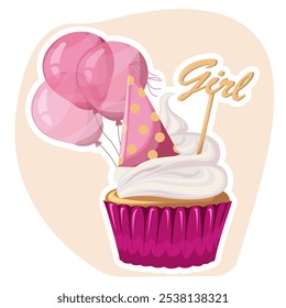 Cupcake with cream, sweetness dessert with tiny party hat and air balloons. Muffin. Sticker. Flat style. Gender party. Birthday, holiday, congratulations, concept of invitation.