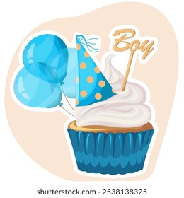 Cupcake with cream, sweetness dessert with tiny party hat and air balloons. Muffin. Sticker. Flat style. Gender party. Birthday, holiday, congratulations, concept of invitation.