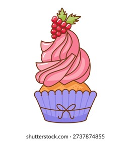 Cupcake with Cream Swirl and Raspberry. Festive Pastry Clip art. Vector Outline Illustration.