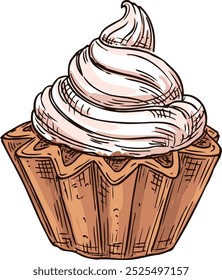Cupcake with cream swirl. Sweet dessert color sketch