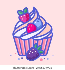Cupcake with cream topping and berry mix. Sweet food icon. Illustration of dessert.