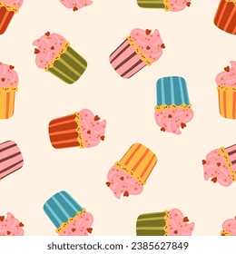 Cupcake with cream vector seamless pattern. Muffin with hearts texture. Romantic Valentine's day dessert background