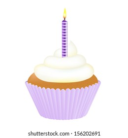 Cupcake With Cream And Violet Candle With Gradient Mesh, Vector Illustration