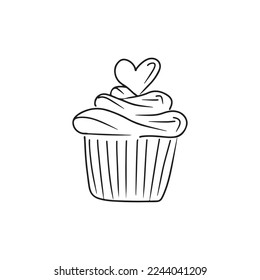 Cupcake with creamand heart decoration on the top. Hand drawn vector sketch illustration in simple doodle engraved vintage style. Love, romance, bakery, confectionary, date, tasty, delicious dessert.