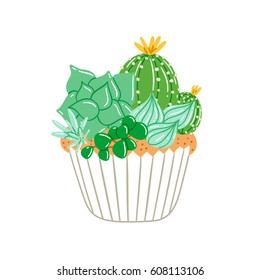 Cupcake with creamy succulents, isolated vector illustration