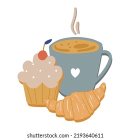 Cupcake, croissant and a cup of coffee with text hello sweet bakery, vector illustration flat design for print, sticker, postcard