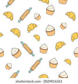 Cupcake, Croissant, dan Rolling pin featuring cupcake, croissant, dan, rolling, pin, background, design, with accurate subject detail, natural visual hierarchy, and clean composition for commercial stock buyers seeking specific, searchable