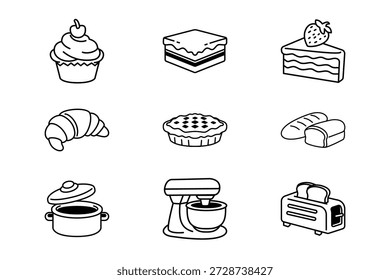 Cupcake, croissant, pastel, pan, olla de cocina, batidora de pie, tostadora conjunto de iconos. Panadería, alimentos para hornear, paquete de Elementos de herramientas de cocina. Ilustración de pastelería y postre.