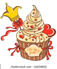 Cupcake with crown and hearts. Vector hand drawing
