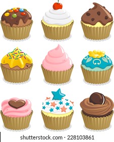 Cupcake cup cake icon set, with nine cupcakes with different topping vector illustration.