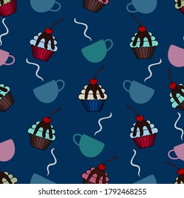 Cupcake and a cup of coffee. Cherry cake decoration. Seamless vector pattern. Isolated blue background. An endlessly repeating ornament. Illustration idea for packaging, wrapper, cover, menu.