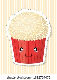 Cupcake cute cartoon character. Cake decorated with coconut shavings. Vector illustration.