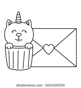 cupcake of cute cat unicorn with envelope vector illustration design