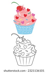 Dibujo gráfico de ilustraciones vectoriales lindo de quequito aislado en fondo blanco. Vector de tarta de colores e incoloro. Cuta página de coloreo para los niños. 