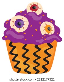Cupcake decorated with black ribbons and zombie eyes. Halloween theme. Hand drawn vector illustration. Suitable for website, stickers, postcards.