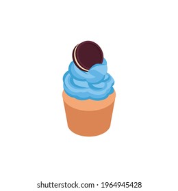 Cupcake decorated with blue cream and chocolate cookie isometric vector illustration
