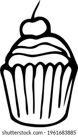 Cupcake decorated with cherries close-up. Vector illustration drawn by hand. Isolated object on a white background.