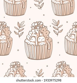 Cupcake decorated with cream and chocolate chips. Detailed outline drawing of dessert, holiday baking. Branches with leaves and dots. Vector illustration in vintage style. Design for textiles, print.