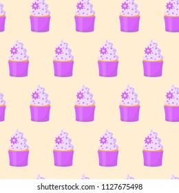 Cupcake decorated with flower. Seamless pattern. Vector illustration.