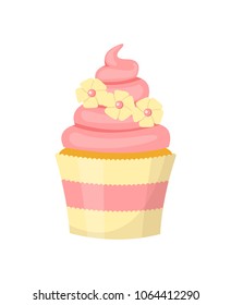 Cupcake decorated with flowers. Isolated on white background. Vector illustration.