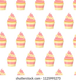 Cupcake decorated with flowers on a white background. Seamless pattern. Vector illustration.