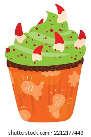 Cupcake decorated with ghosts and zombie fingers. Halloween theme. Hand drawn vector illustration. Suitable for website, stickers, postcards.