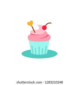 Cupcake decorated with heart and cherry icon. Muffin with heart image. Flat style pictogram isolated on white. Love symbol, logo sign. Valentine s Day vector illustration.